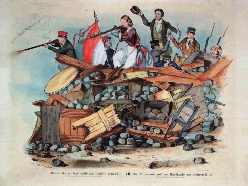 Bedřich Anděl – rytec, František Roscher – inventor, Amazonka na barikádě na Malém rynečku, 1848, kolorovaná litografie, 278 x 390 mm, DR 4967, foto: ng.cz Bedřich Anděl – rytec, František Roscher – inventor, Amazonka na barikádě na Malém rynečku, 1848, kolorovaná litografie, 278 x 390 mm, DR 4967, foto: ng.cz