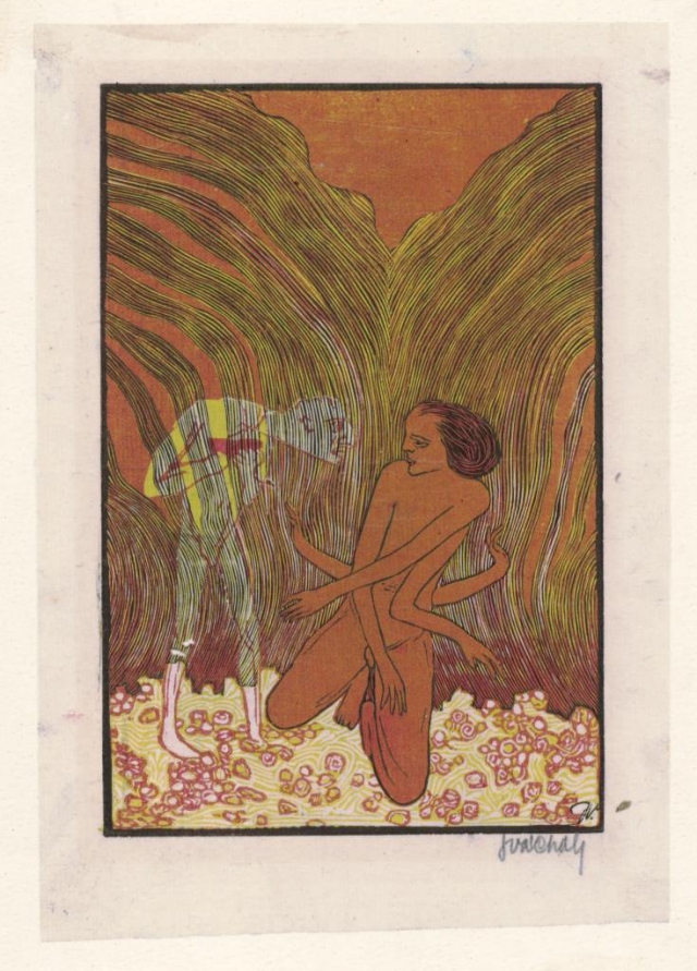 Josef Váchal, Hrůza, kol. 1913, barevný dřevoryt, papír, 15,2 x 10 cm, US PNP, foto Galerie hlavního města Prahy