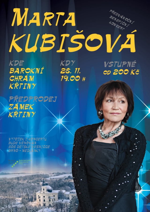 Benefiční koncert zpěvačky Marty Kubišové za klavírního doprovodu Karla Štolby se bude konat v barokním chrámu zámku Křtiny dne 28. listopadu 2014.