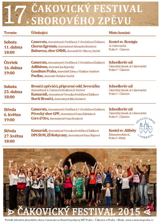 Jednotlivé koncerty se budou konat v kostele sv. Remigia v Čakovicích, kostele sv. Alžběty ve Kbelích a v Schoellerově sále čakovického zámku. Více informací – viz přiložená pozvánka.