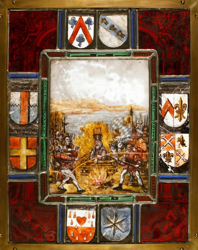 Vitraj s výjevem upálení mistra Jana Husa a osmi šlechtickými erby, foto Národní muzeum