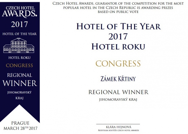 Zámek Křtiny se stal regionálním vítězem soutěže Hotel roku 2017 – získal v Jihomoravském kraji cenu Czech Hotel Awards