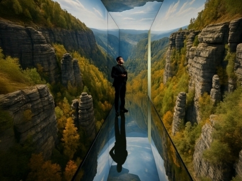 Vizualizace interiéru připravovaného návštěvnického střediska: Imerzní chodba - pohled dravce. Vizualizace slouží jako ilustrativní zobrazení atmosféry a prostorového řešení. Neodráží finální podobu expozice. Zdroj: Ústav pro interpretaci místního dědictví ČR a Play to lift (ing. Arch. MgA. Barbora Klapalová)