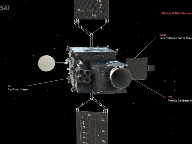 Pohled na přední část družice MTG I1 a její přístrojové vybavení, Zdroj: © EUMETSAT 2025, © ESA 2025