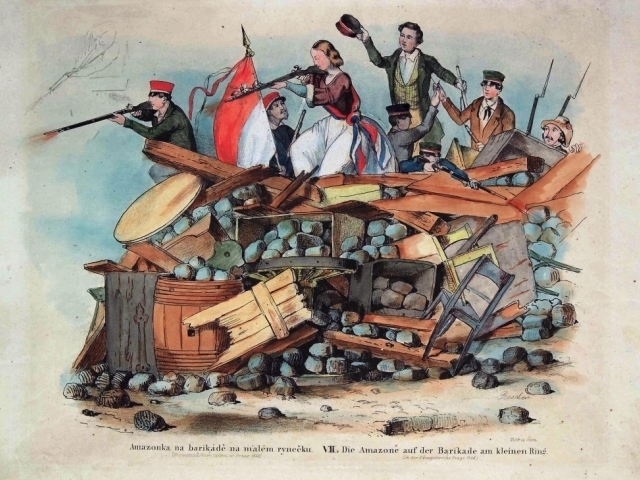 Bedřich Anděl – rytec, František Roscher – inventor, Amazonka na barikádě na Malém rynečku, 1848, kolorovaná litografie, 278 x 390 mm, DR 4967, foto: ng.cz
