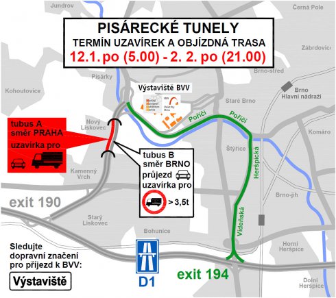 Do soboty 28. února bude z důvodu opravy havarijního stavu technologického zařízení probíhat uzavírka Pisáreckého tunelu, zdroj Veletrhy Brno, a.s.