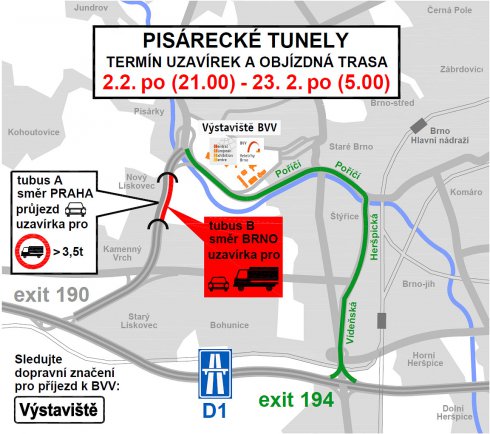Do soboty 28. února bude z důvodu opravy havarijního stavu technologického zařízení probíhat uzavírka Pisáreckého tunelu, zdroj Veletrhy Brno, a.s.